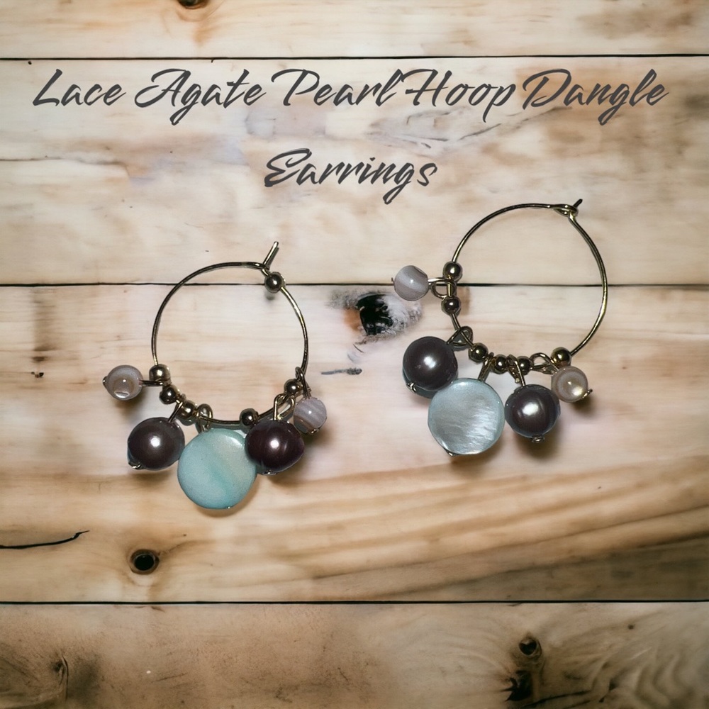 Lace Agate Freshwater Pearl Mother of Pearl Hooped Earrings